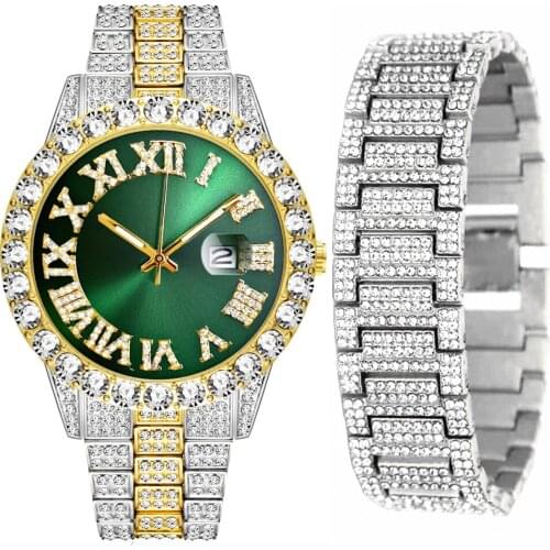 Iced Out Chains Wide Bracelet Watch for Men Iced Out Watch Set Men Hip Hop Blue Dial Gold Luxury Mens Watch Men Gift Set Reloj