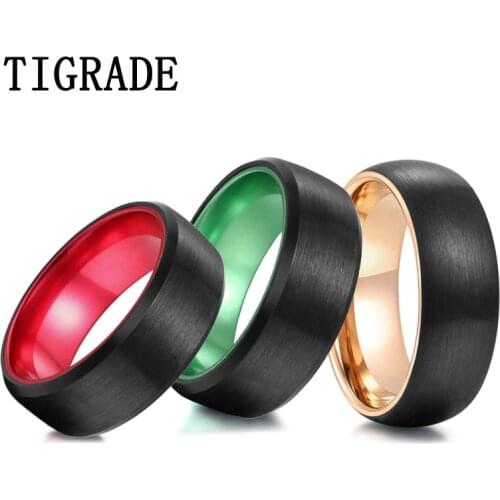 TIGRADE Mens Ring 100% Tungsten Black Brushed Wedding Band Gold/Red/Green Inside Custom Engraving Couple Ring 8mm For Man Woman