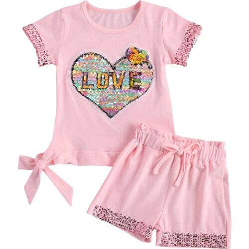 New 2 Pcs Girls Casual Suit, Round Neck Short Sleeve Sequins Heart Print T-shirt, Solid Color Elastic Shorts, Daily Life