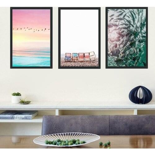 Seaside Beach Scenery Flying Birds Fish Canvas Painting Gorgeous Color Still Life Posters Bedroom Living Room Wall Art Pictures