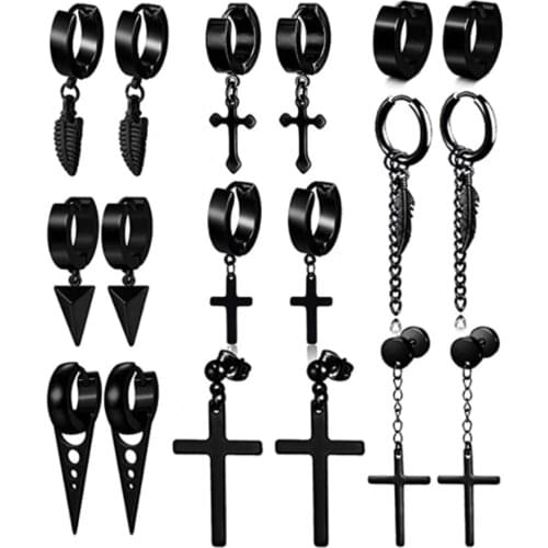 Fashion 2020 Stainless Steel Dangle Earrings For Men Women Pure Black Hoop Cool Hinged Feather Earrings