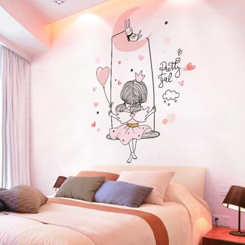 [SHIJUEHEZI] Cartoon Girl Wall Stickers DIY Moon Rabbit Animal Mural Decals for Kids Rooms Baby Bedroom Nursery House Decoration