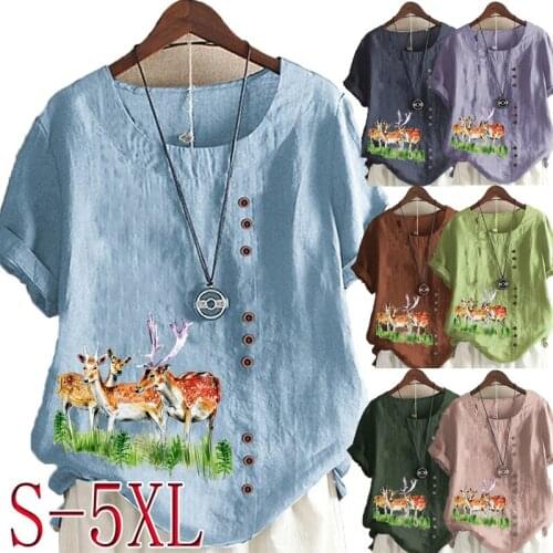 Womens Fashion Linen Shirt Deers Printed T-shirt Summer Short Sleeve Tops O-neck Loose Blouse S-5XL