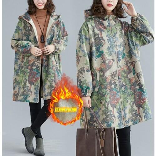 Women Hooded Jackets Coat Plus Size Vintage Print Cotton Linen Zipper Overcoat 2021 New Winter Loose Velvet Outerwear Female