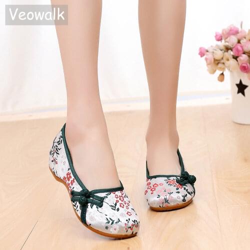 Veowalk Floral Printed Fabric Womens Canvas Ballet Flats Retro Style Slip on Comfort Shoes ladies ballerines femme chaussures