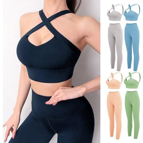 2pcs Seamless Yoga Set Women Gym Fitness Suits High Waist Workout Leggings Set Push Up Cross Bra Sport Set Running Gym Clothing