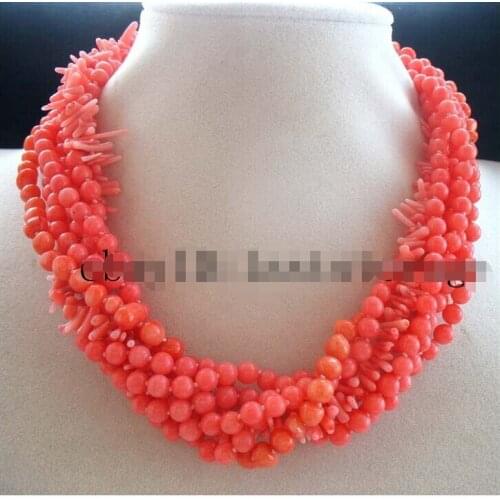 Women Gift word Love 7rows 4mm pink coral round baroque necklace 18" nature women wedding Noble style