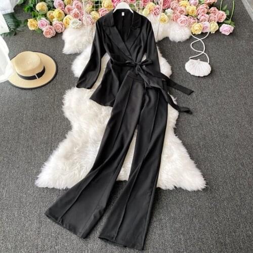 2021 Autumn New Fashion Women Long Sleeve Banndage Blazer+Wide Leg Pants Two Piece Set Solid Casual Clothing Suit