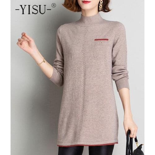 YISU Winter Women Sweater Solid color Pocket Half turtleneck Jumper Fashion Loose Knitted pullover Long section Winter tops