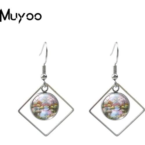 Famous Oil Painting Beauty Scenery Print Glass Dome Handmade Rhombus Earrings Landscape Paintings Fish Hook Earrings