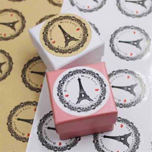 100pcs Vintage Round handmade with love tower Sticker Kraft sealing sticker Self adhesive Gift Package Sticker Lable