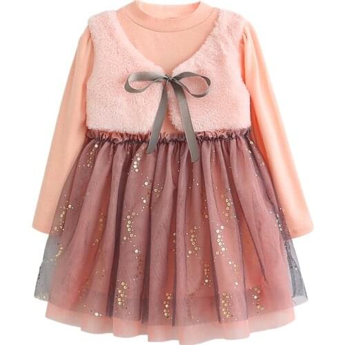 2021 New Girls Autumn Dress Spring Fashion Fur Vest Mesh Princess Dresses Girls Fluffy Outfits Long Sleeve Kid Children Clothing