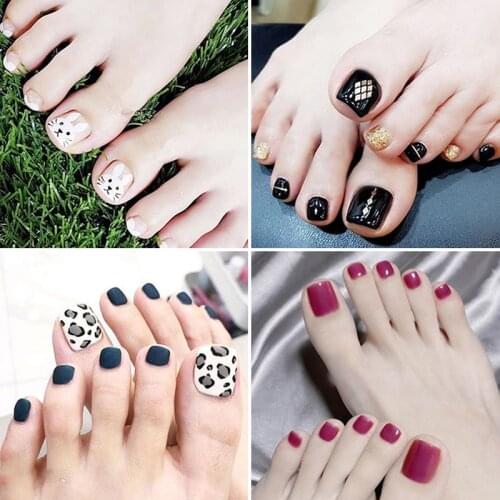 24pcs Square Cute Design Fake Toe Nail Rhinestone High Quality Foot False Nail Artificial Nails With Glue Summer Beach Toenail