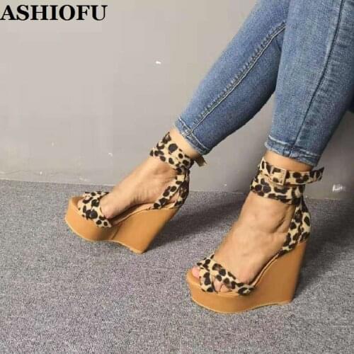 ASHIOFU 2020 Handmade Women Wadge Heel Sandals Leopard Leather Sexy Club Party Shoes Real Photos Evening Fashion Sandals Shoes