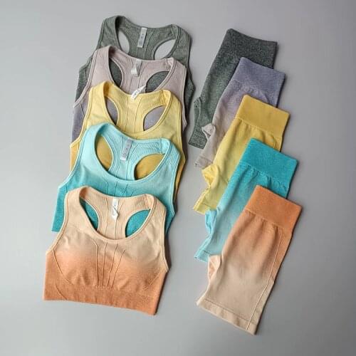 Seamless Women Yoga Sports Suit Fitness Sportswear Workout Clothes Summer High Waist Running Shorts+Push Up Sports Bra Gym Set