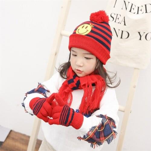 Kids Winter Scarf+Hats Gloves Sets Children Stripe Knitted Beanies with Smiley Embroidery for boys and Girls Scarf Keep warm Cap