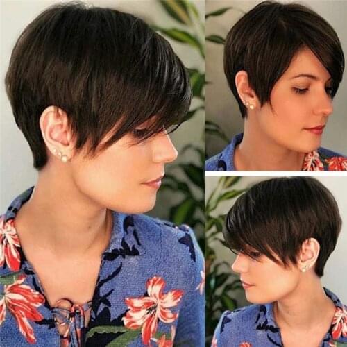 Human Hair Short Wigs Pixie Cut Wigs with Bangs Short Natural Black Layered Wigs for Women Machine Made Wig