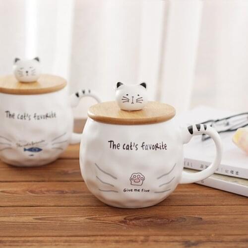 Cute Cartoon Cat Ceramic Mug with Spoon and 3D Lid Porcelain Coffee Cups and Mugs for Water Tea Drinking