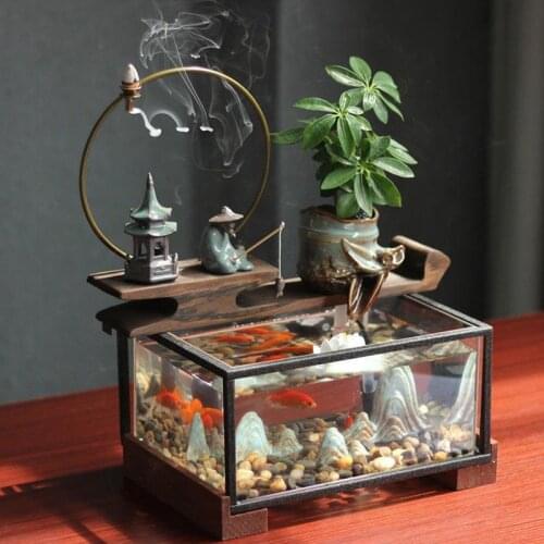 Zen Chinese Ceramic Water Fountain Feng Shui Lucky Home Decoration Indoor Fountains Desktop Ornament Craft Transparent Fish Tank
