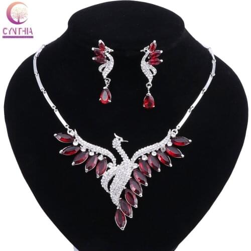 Alone Swan Series Crystal Rhinestone Costume Jewelry Set Red And Black Zircon Necklace And Earrings For Women 2018 Winter