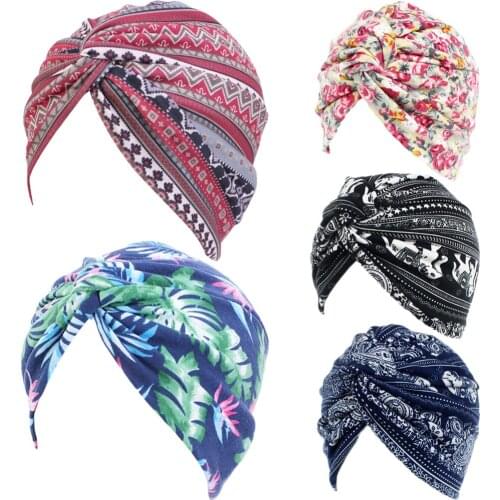 Muslim Women Twist Cap Hair Loss Hat Flower Printed Bonnet Headwrap Stretch Cotton Turban Scarf Beanie Cancer Headwear Cover New