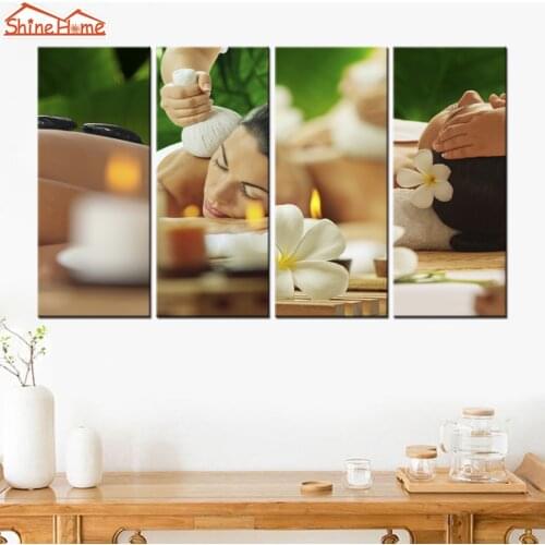 ShineHome-4pcs Wall Art Canvas Print Paintings Modular Yoga Spa Nail Body Salon Massage Artwork Green Picture Posters and Prints