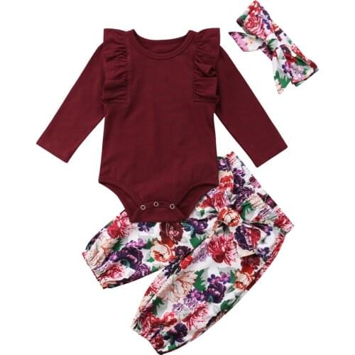 Pudcoco Newborn Baby Girl Clothes Ruffles Long sleeve Romper Tops Floral Pants Headband Outfits Autumn Set Clothes 0-18M