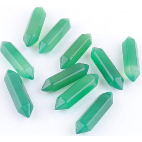 Wholesale 10Pcs Natural Stone Green Agates Hexagonal Pillar Pointed Reiki Chakra No Hole Pendant Beads Jewelry 30x8mm QU3384