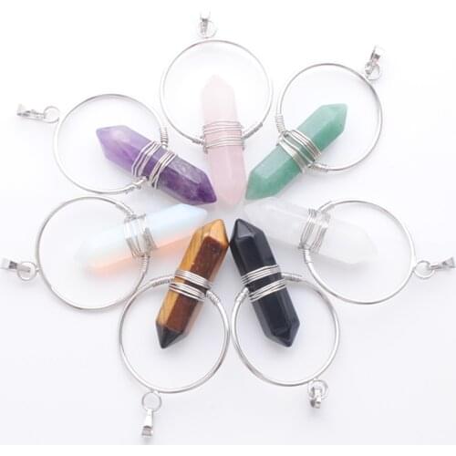 Wholesale 7Pcs/Lot Natural Stone Healing Pointed Pendants Hexagonal Circle Winding Wire Bullet Crystal Women Yoga Jewelry QBN395