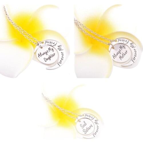 Always My Daughter Soul Sister Forever my Friend/Always my Mother Forever my Friend Inscribed Round Moon Matching Necklace