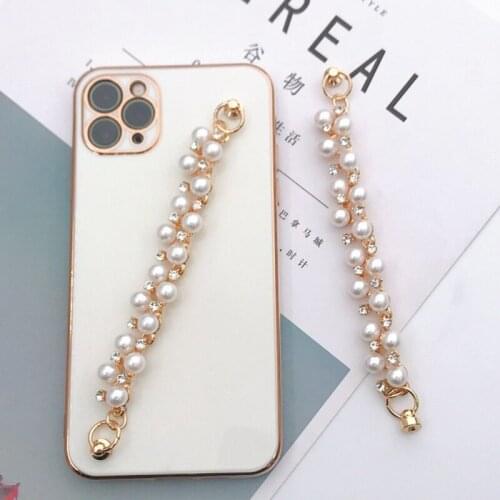 Phone Fall Prevention Elegant Phone White Pearls Loss Prevention Strap Chain Holder Cell Phone Pearls Crystals Straps