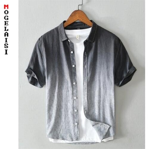Casual shirt men linen cotton short sleeve Gradient summer Striped breathable shirt fashion men clothing Camisa masculina 564
