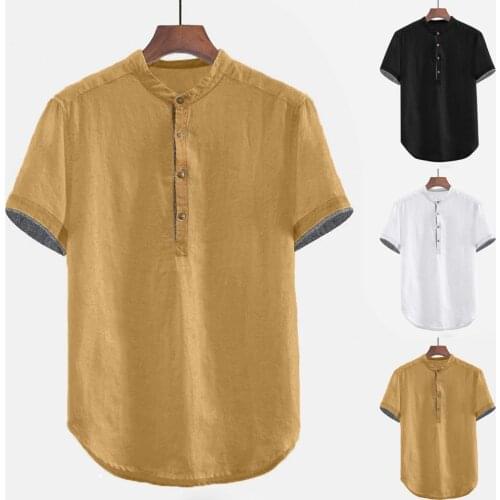 Mens Shirts Baggy Solid Cotton Linen Short Sleeve Stand Button Plus Size Shirt Tops Blouse Fit Fashion Print Shirts For Men