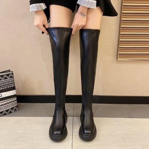 Fashion Knee High Boots Women Woman Fashion 2021 Platform Black Boots Slip On Warm Furry Thigh High Boots Female Women Shoes