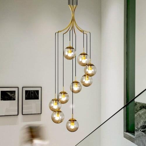 Modern Gold Pendant Lights Nordic Glass Stair Lights For Duplex Apartment Villa Living Room Loft Decor E27 Luminaire Suspension