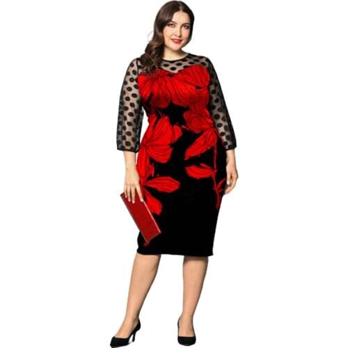 2021 Women Elegant Dress Plus Size Lace Print Long Sleeve Casual O Neck Evening Party Elegant Bodycon Midi Dresses