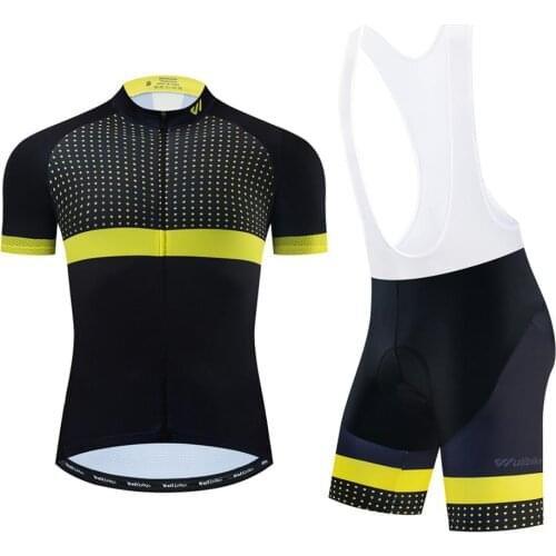 Wulibike wave point yellow cycling clothing mens short sleeve bib shorts suit man summer breathable road bike sportwear