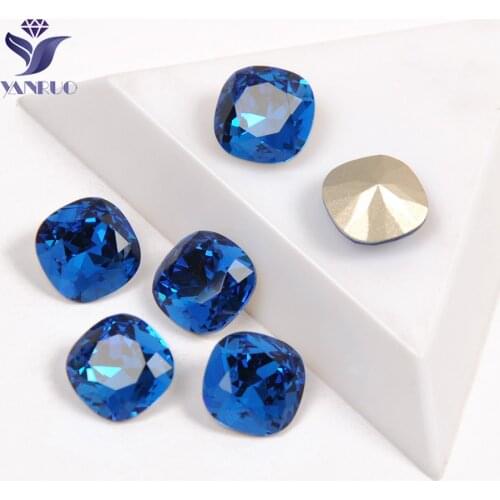 YANRUO 4470 Cushion Cut Capri Blue Sewed Rhinestones Glass Crystal Sew On Stones Claws Accessories Jewelry Needlework Dress
