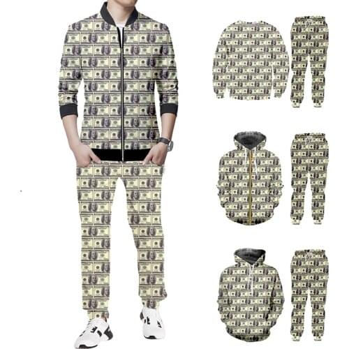 IFPD 3D Print Dollar Hoodies Funny Plus Size Mens Set Jacket And Jogger Pants Paper Money Puzzle Tracksuit Pullover Home Suit