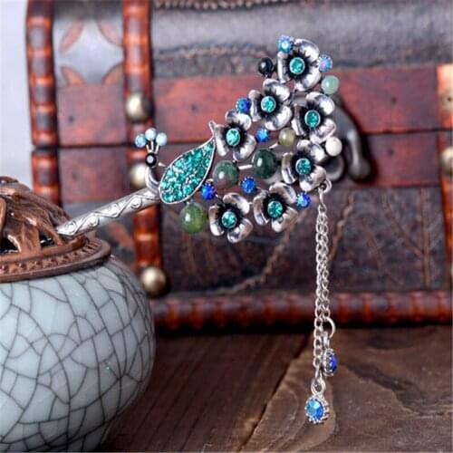 Newest 16 cm Long Hair Sticks For Women Girls Peacock Hairpin Hair Jewelry Accessories Vintage Stone Beads Tree Branches Forks