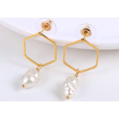 Women Natural Freshwater Pearl Geometric Hexagon Dangling Earrings Stud Boho White Baroque Gourd Pearls Copper Earring Jewelry
