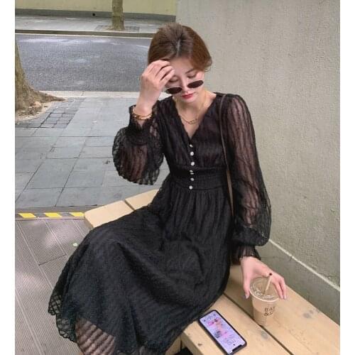 Korea Women Commuter OL Dress 2021 Spring FallTassel Appliques Mesh Lantern Sleeve V Neck Diamond Button A Line Midi Dress
