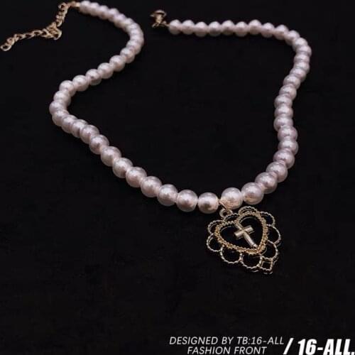 INS Vintage Girls Court Hollow Love Cross Pendant Net Red Pearl Necklace Clavicle Necklace Female