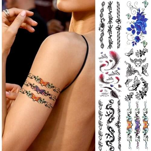 Watercolor Butterfly Temporary Tattoos For Women Girl Realistic Dragon Fairy Feather Flower Fake Jewels Tattoo Sticker Tatoo