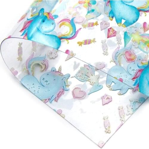 David accessories 20*33cm Unicorn UV Printed Transparent Synthetic Leather DIY Bow Bag Crafts Handmade Material,1Yc8163