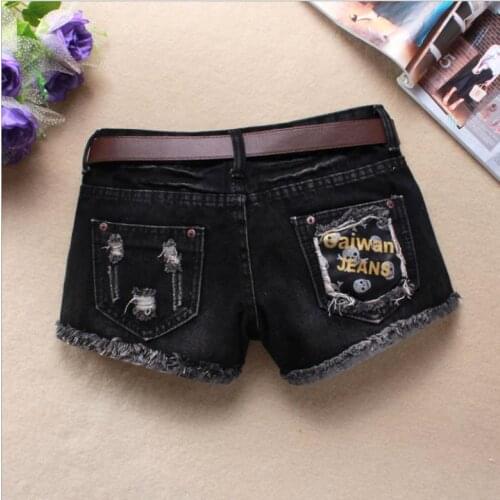 New Womens Skull Printing Summer Spring Autumn Denim Shorts Black Large Size Washed Female Ripped Jeans Short Without Belt J2739