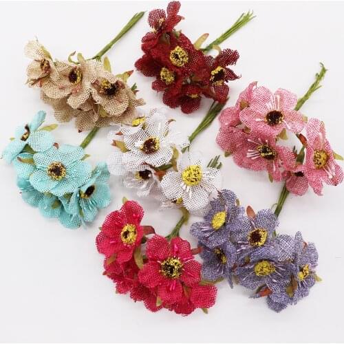 6pcs/lot 4cm Hemp Sakura Flower Artificial Flower Bouquet Wedding House Decorative DIY Wreath Scrapbook Gift Box Hand Flower