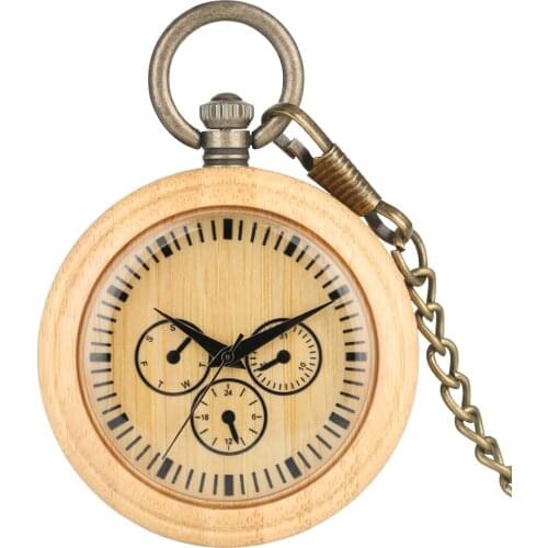 Classic Bamboo Wooden Analog Pocket Watch Light Brown Dial Pocket Watches Bronze Alloy Pendant Chain Gift For Men