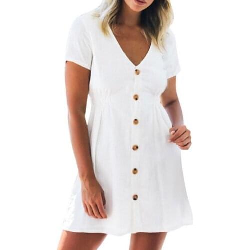 Summer Solid Color Dress Short Sleeve High Waist Female Women V Neck A-line Dress for Daily Life Loose Hem Casual Beach Dresses