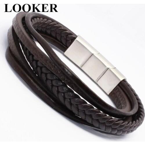 LOOKER 2020 Fashion Stainless Steel Chain Genuine Leather Bracelet Men Adjustable Vintage Male Braid Jewelry for Women